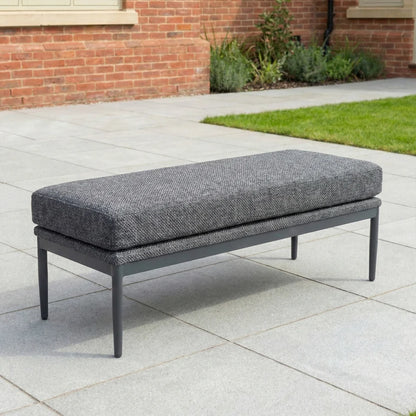 Ally 3 Seater All Weather Fabric Aluminium Lounge Dining Set with 2 Armchairs and Bench - Adjustable Rising Table in Graphite Grey