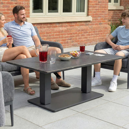 Ally 3 Seater All Weather Fabric Aluminium Lounge Dining Set with 2 Armchairs and Bench - Adjustable Rising Table in Graphite Grey