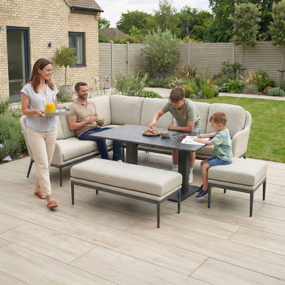 Ally L-Shaped Corner All Weather Fabric Aluminium Lounge Dining Set with Bench and Stool - Left Handed with Adjustable Rising Table in Oatmeal
