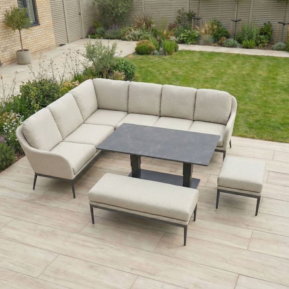 Ally L-Shaped Corner All Weather Fabric Aluminium Lounge Dining Set with Bench and Stool - Left Handed with Adjustable Rising Table in Oatmeal