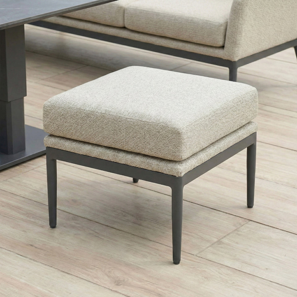 Ally L-Shaped Corner All Weather Fabric Aluminium Lounge Dining Set with Bench and Stool - Left Handed with Adjustable Rising Table in Oatmeal