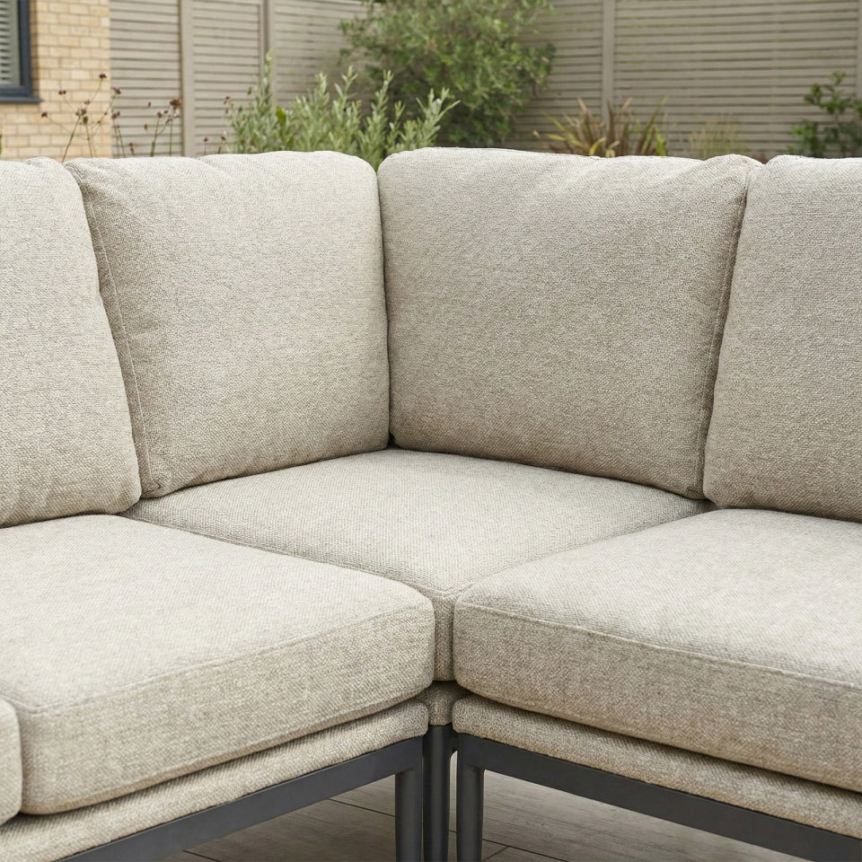 Ally L-Shaped Corner All Weather Fabric Aluminium Lounge Dining Set with Bench and Stool - Left Handed with Adjustable Rising Table in Oatmeal