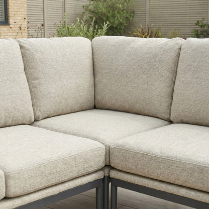 Ally L-Shaped Corner All Weather Fabric Aluminium Lounge Dining Set with Bench and Stool - Left Handed with Adjustable Rising Table in Oatmeal