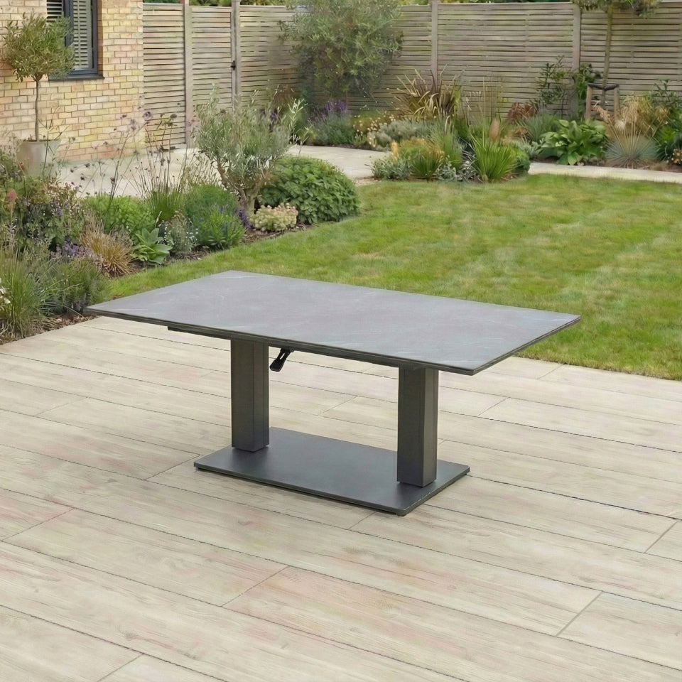 Ally L-Shaped Corner All Weather Fabric Aluminium Lounge Dining Set with Bench and Stool - Left Handed with Adjustable Rising Table in Oatmeal