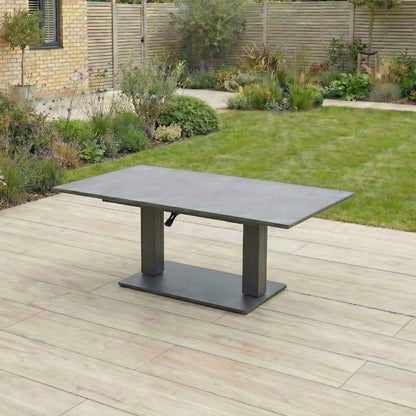 Ally L-Shaped Corner All Weather Fabric Aluminium Lounge Dining Set with Bench and Stool - Left Handed with Adjustable Rising Table in Oatmeal