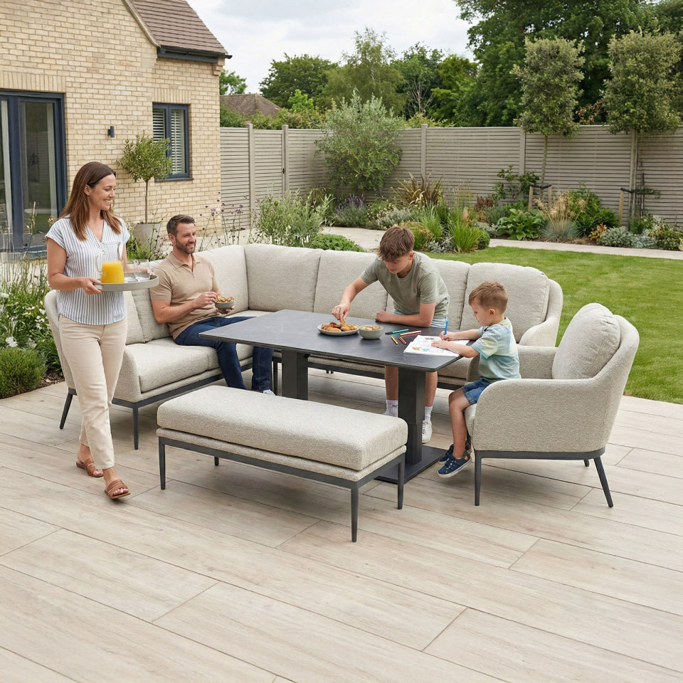 Ally L-Shaped Corner All Weather Fabric Aluminium Lounge Dining Set with Armchair and Bench - Left Handed with Adjustable Rising Table in Oatmeal