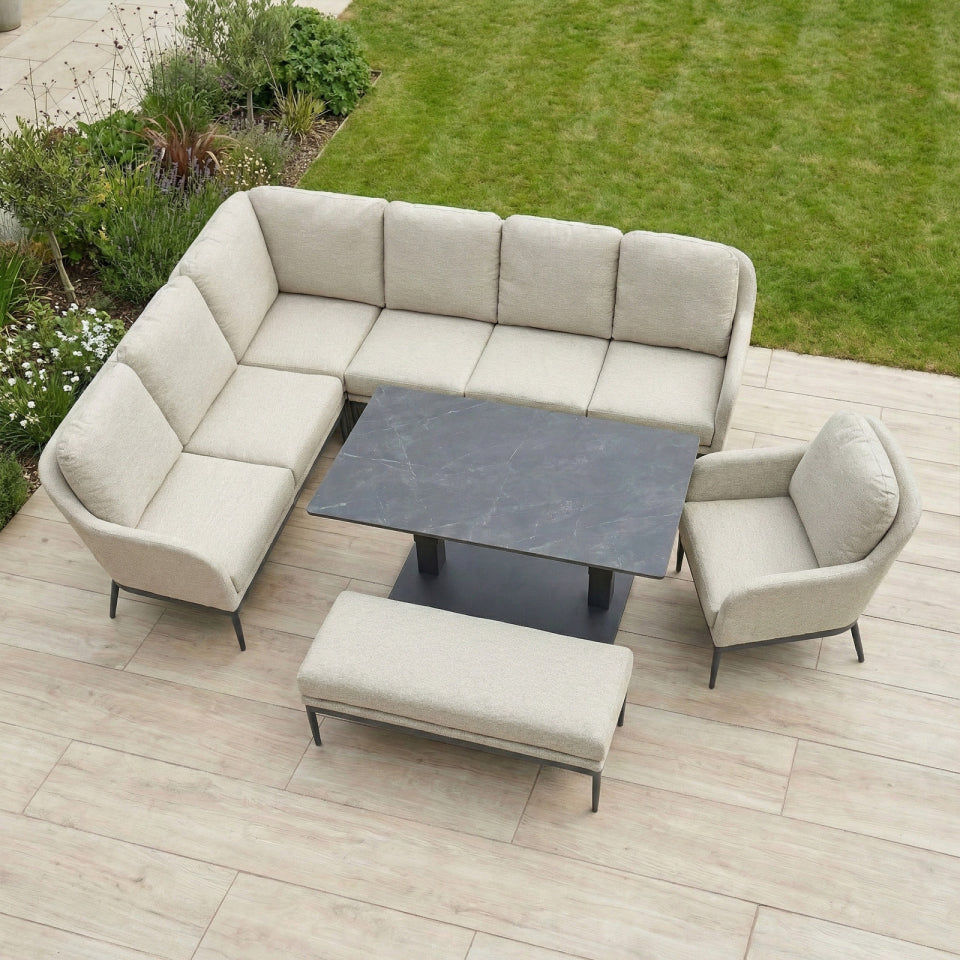 Ally L-Shaped Corner All Weather Fabric Aluminium Lounge Dining Set with Armchair and Bench - Left Handed with Adjustable Rising Table in Oatmeal
