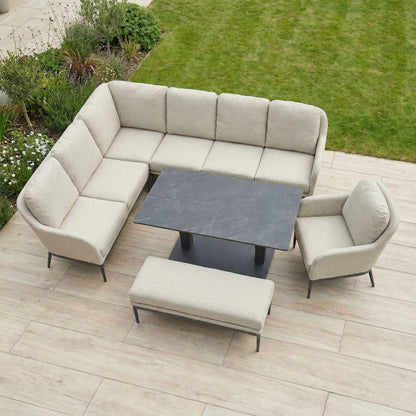 Ally L-Shaped Corner All Weather Fabric Aluminium Lounge Dining Set with Armchair and Bench - Left Handed with Adjustable Rising Table in Oatmeal