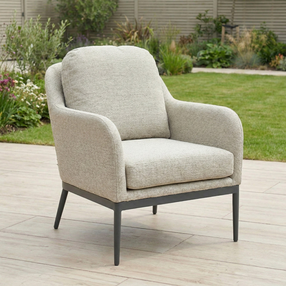 Ally L-Shaped Corner All Weather Fabric Aluminium Lounge Dining Set with Armchair and Bench - Left Handed with Adjustable Rising Table in Oatmeal