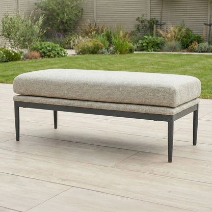 Ally L-Shaped Corner All Weather Fabric Aluminium Lounge Dining Set with Armchair and Bench - Left Handed with Adjustable Rising Table in Oatmeal