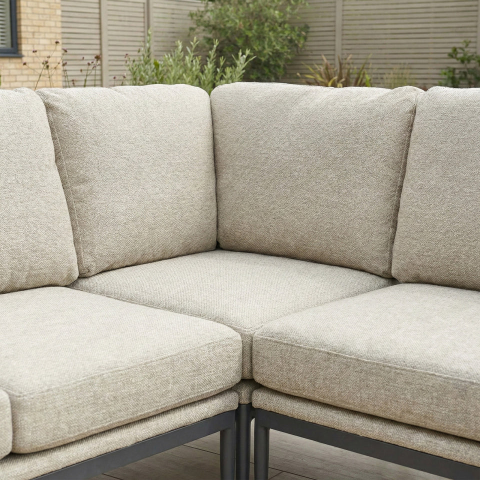 Ally L-Shaped Corner All Weather Fabric Aluminium Lounge Dining Set with Armchair and Bench - Left Handed with Adjustable Rising Table in Oatmeal