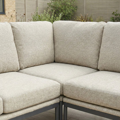 Ally L-Shaped Corner All Weather Fabric Aluminium Lounge Dining Set with Armchair and Bench - Left Handed with Adjustable Rising Table in Oatmeal