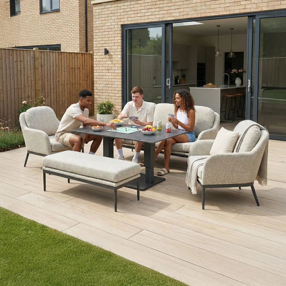 Ally 3 Seater All Weather Fabric Aluminium Lounge Dining Set with 2 Armchairs and Bench - Adjustable Rising Table in Oatmeal