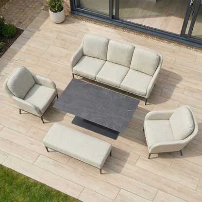 Ally 3 Seater All Weather Fabric Aluminium Lounge Dining Set with 2 Armchairs and Bench - Adjustable Rising Table in Oatmeal