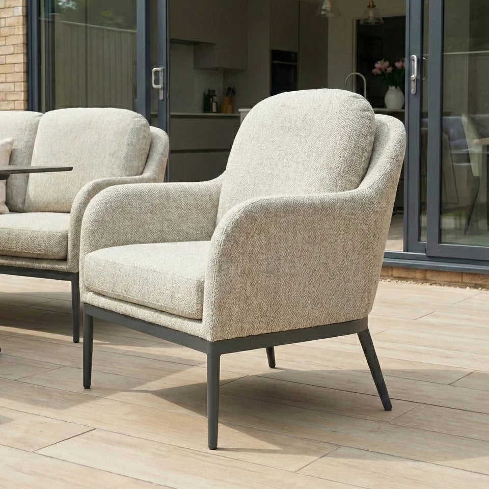 Ally 3 Seater All Weather Fabric Aluminium Lounge Dining Set with 2 Armchairs and Bench - Adjustable Rising Table in Oatmeal