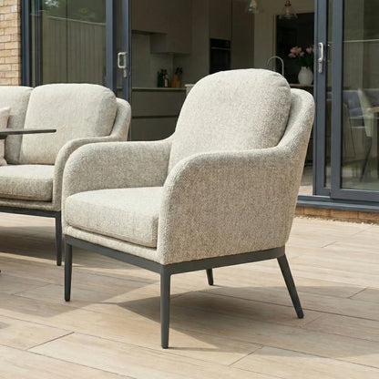 Ally 3 Seater All Weather Fabric Aluminium Lounge Dining Set with 2 Armchairs and Bench - Adjustable Rising Table in Oatmeal