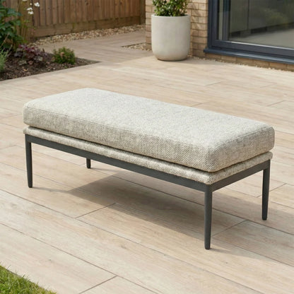 Ally 3 Seater All Weather Fabric Aluminium Lounge Dining Set with 2 Armchairs and Bench - Adjustable Rising Table in Oatmeal