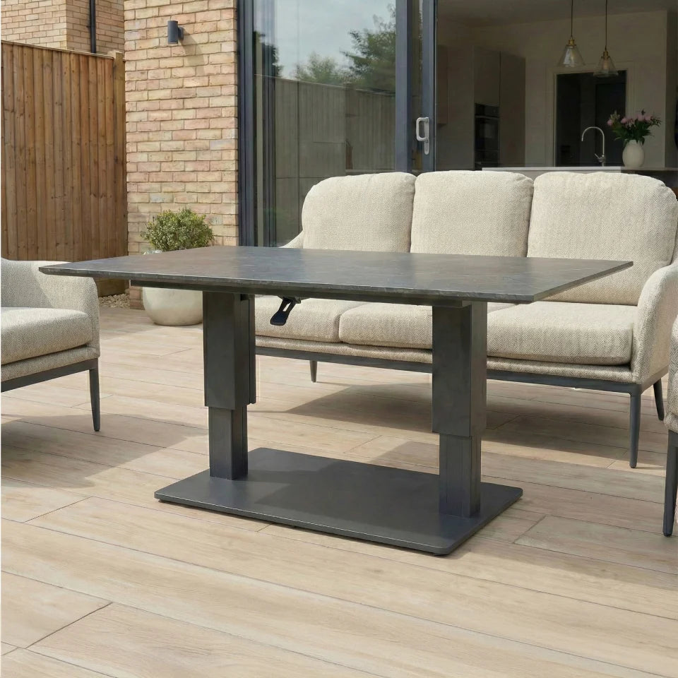 Ally 3 Seater All Weather Fabric Aluminium Lounge Dining Set with 2 Armchairs and Bench - Adjustable Rising Table in Oatmeal