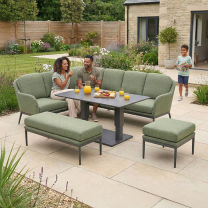 Ally L-Shaped Corner All Weather Fabric Aluminium Lounge Dining Set with Bench and Stool - Left Handed with Adjustable Rising Table in Green