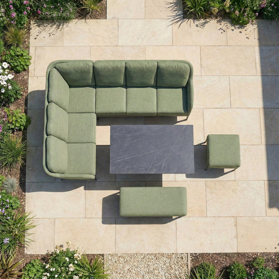 Ally L-Shaped Corner All Weather Fabric Aluminium Lounge Dining Set with Bench and Stool - Left Handed with Adjustable Rising Table in Green