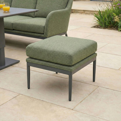 Ally L-Shaped Corner All Weather Fabric Aluminium Lounge Dining Set with Bench and Stool - Left Handed with Adjustable Rising Table in Green