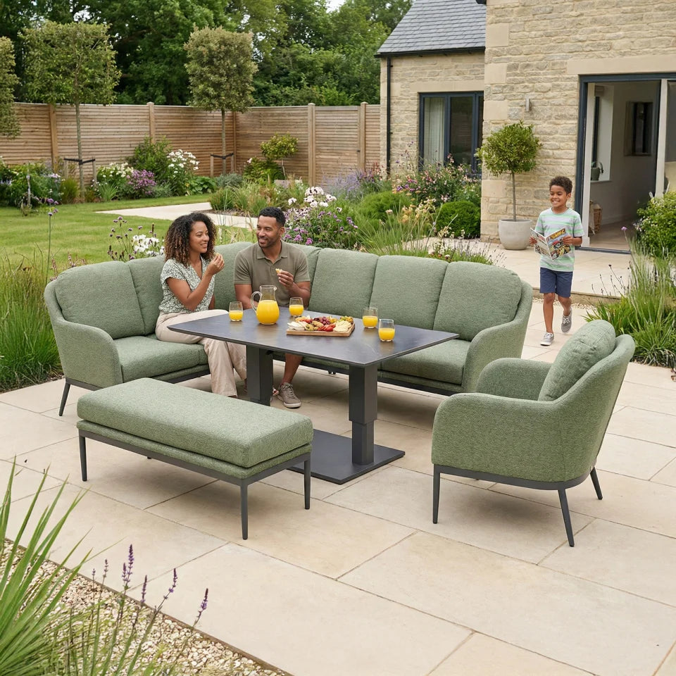 Ally L-Shaped Corner All Weather Fabric Aluminium Lounge Dining Set with Armchair and Bench- Left Handed with Adjustable Rising Table in Green