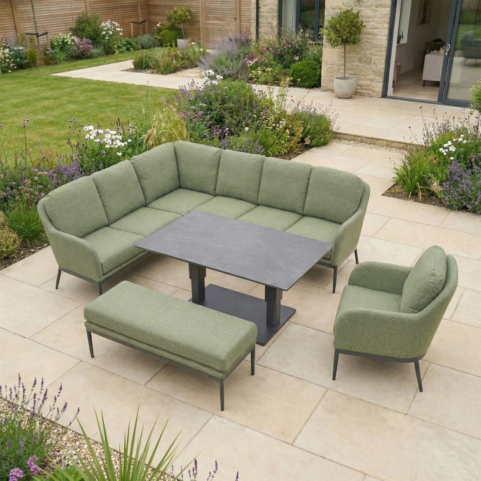 Ally L-Shaped Corner All Weather Fabric Aluminium Lounge Dining Set with Armchair and Bench- Left Handed with Adjustable Rising Table in Green