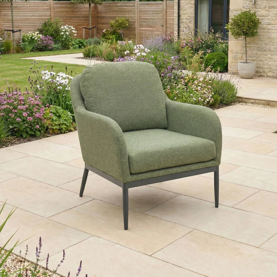 Ally L-Shaped Corner All Weather Fabric Aluminium Lounge Dining Set with Armchair and Bench- Left Handed with Adjustable Rising Table in Green