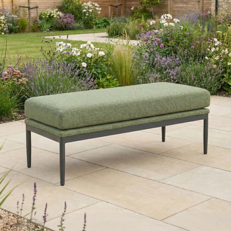 Ally L-Shaped Corner All Weather Fabric Aluminium Lounge Dining Set with Armchair and Bench- Left Handed with Adjustable Rising Table in Green