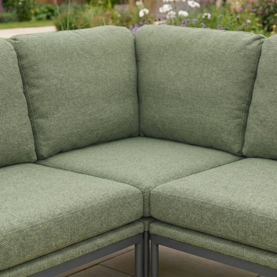 Ally L-Shaped Corner All Weather Fabric Aluminium Lounge Dining Set with Armchair and Bench- Left Handed with Adjustable Rising Table in Green