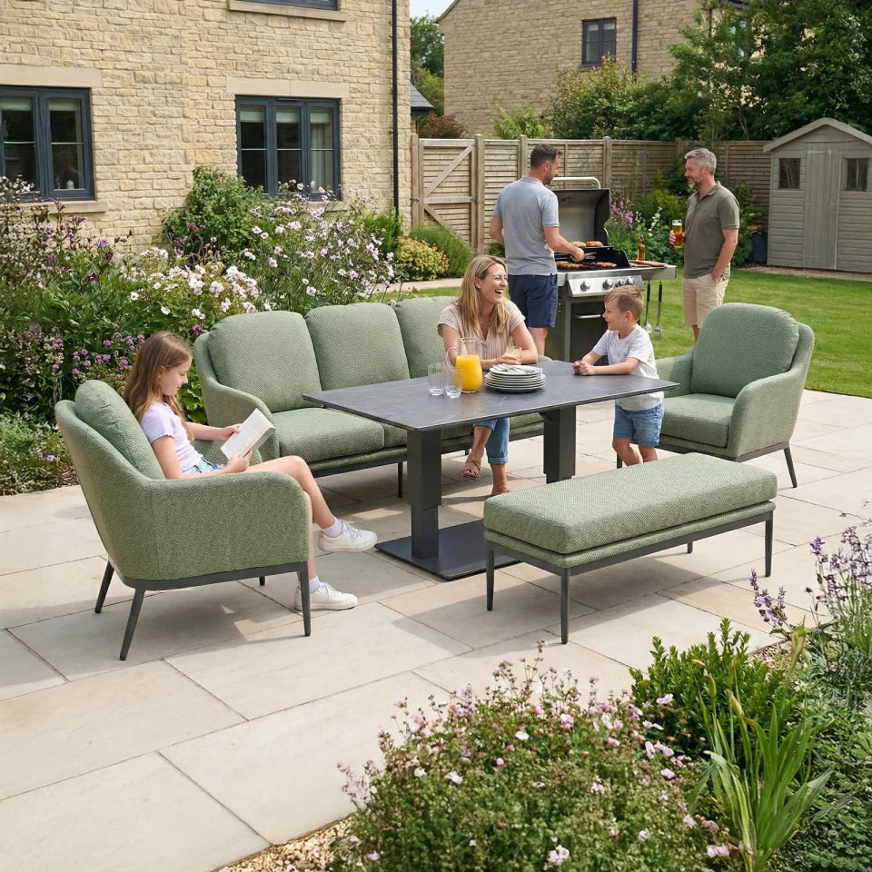 Ally 3 Seater All Weather Fabric Aluminium Lounge Dining Set with 2 Armchairs and Bench - Adjustable Rising Table in Green