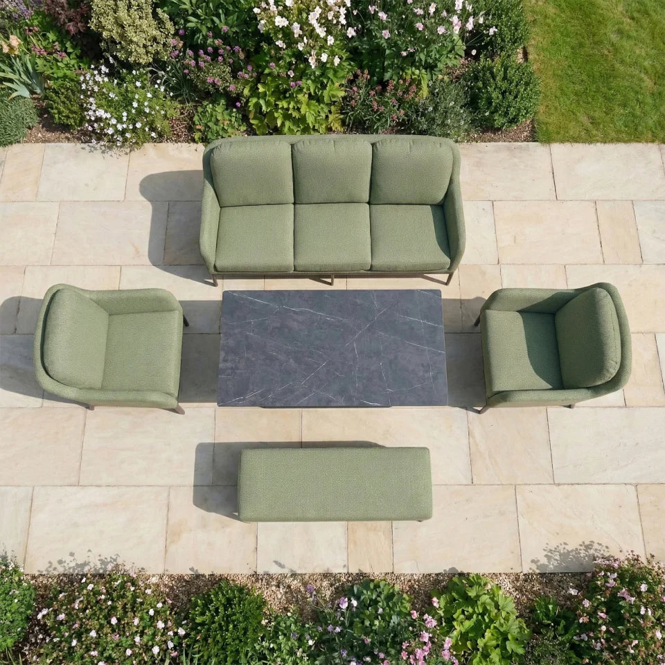 Ally 3 Seater All Weather Fabric Aluminium Lounge Dining Set with 2 Armchairs and Bench - Adjustable Rising Table in Green