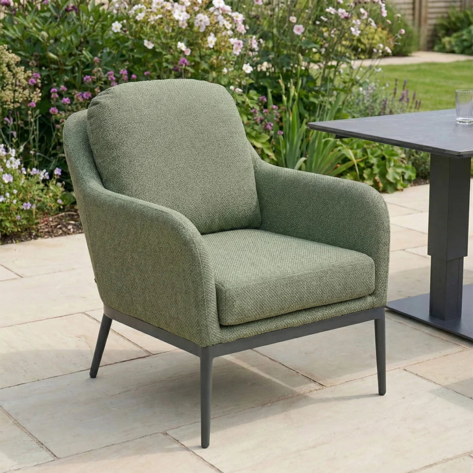 Ally 3 Seater All Weather Fabric Aluminium Lounge Dining Set with 2 Armchairs and Bench - Adjustable Rising Table in Green