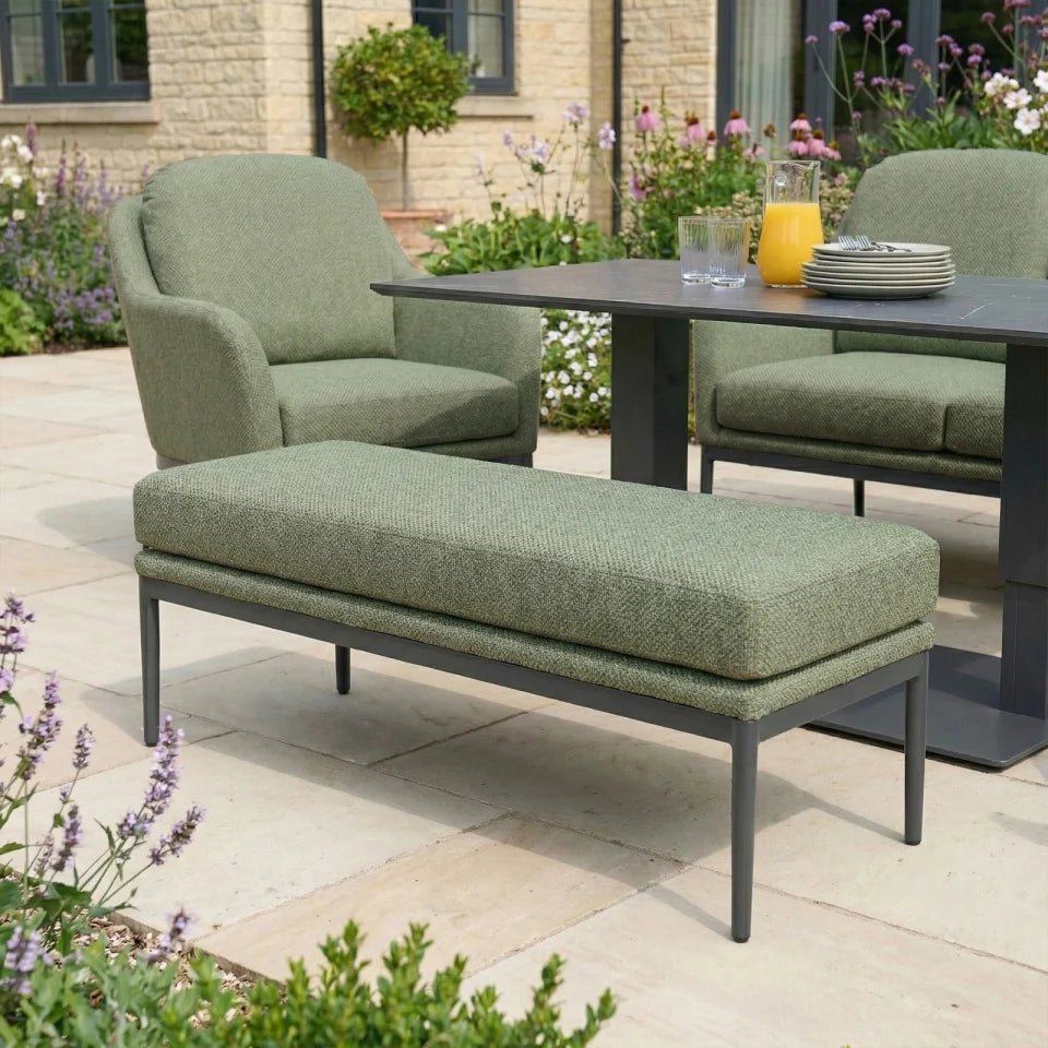Ally 3 Seater All Weather Fabric Aluminium Lounge Dining Set with 2 Armchairs and Bench - Adjustable Rising Table in Green