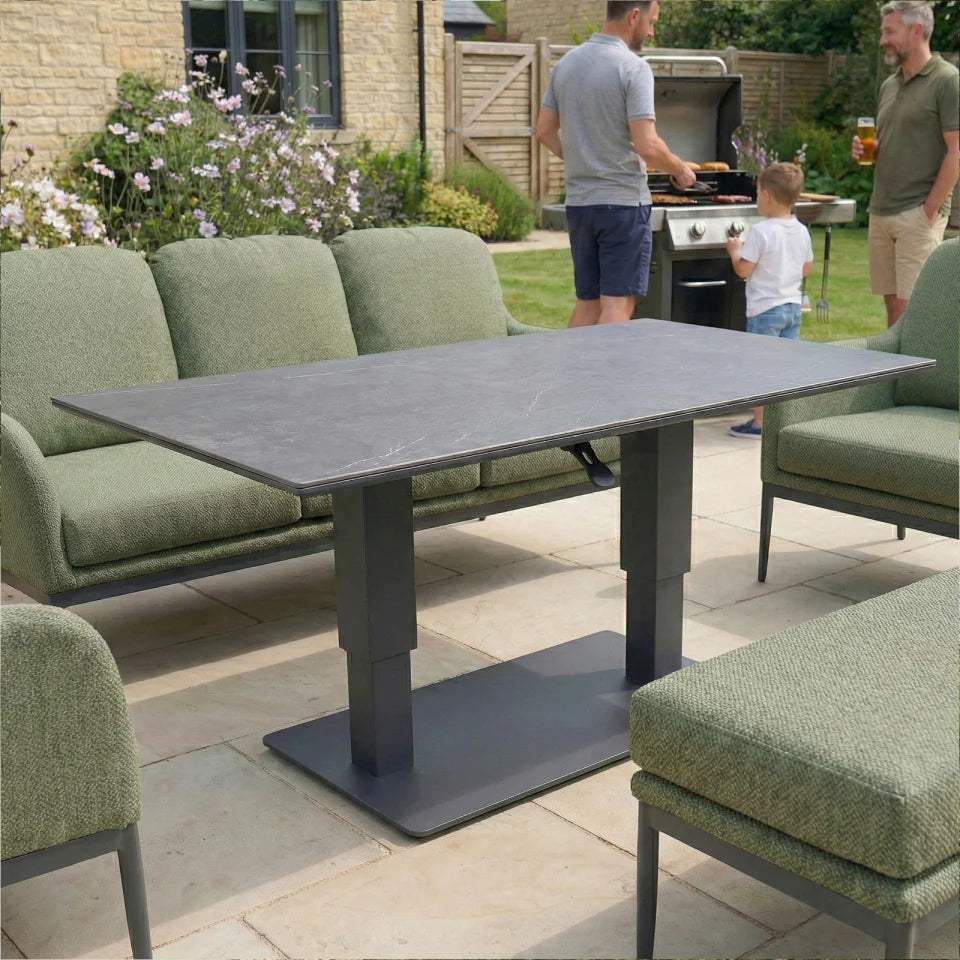 Ally 3 Seater All Weather Fabric Aluminium Lounge Dining Set with 2 Armchairs and Bench - Adjustable Rising Table in Green