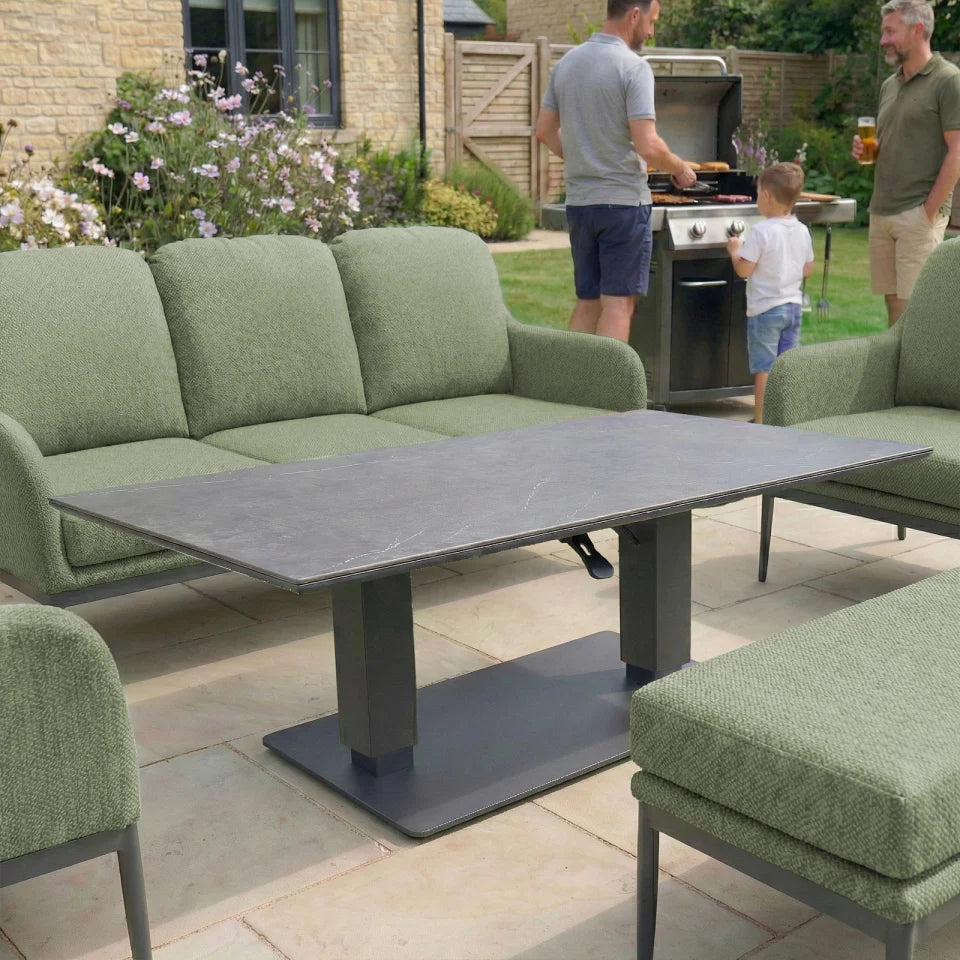 Ally 3 Seater All Weather Fabric Aluminium Lounge Dining Set with 2 Armchairs and Bench - Adjustable Rising Table in Green