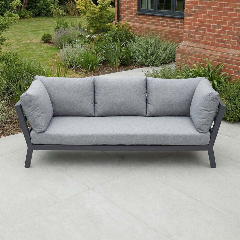 Emerson 3 Seater Aluminium Lounge Dining Set with 2 Armchairs and Bench - Adjustable Rising Table in Graphite Grey