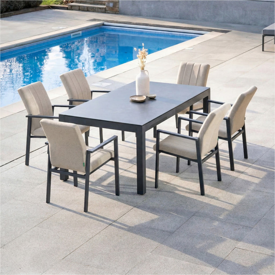 Ralph 6 Seat All Weather Fabric Aluminium Dining Set - Rectangular Table in Oatmeal