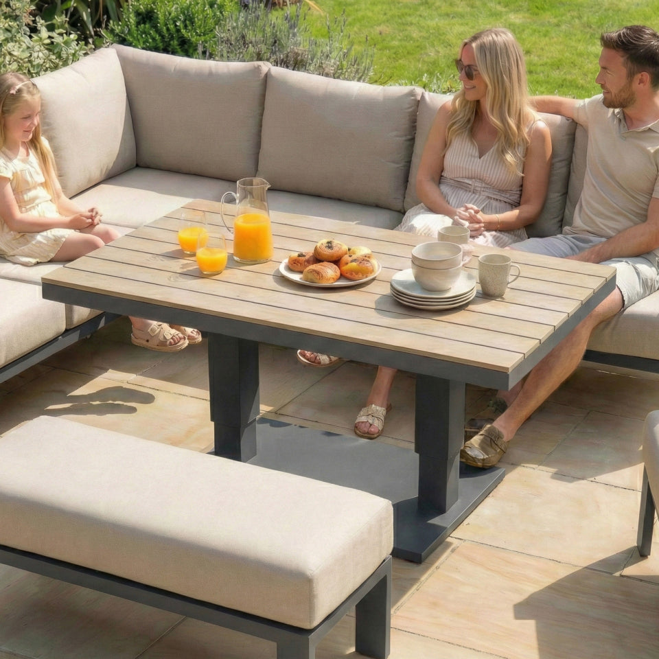 Leah L-Shaped Corner Aluminium Wood Look Lounge Dining Set with Armchair and Bench - Adjustable Rising Table in Graphite Grey