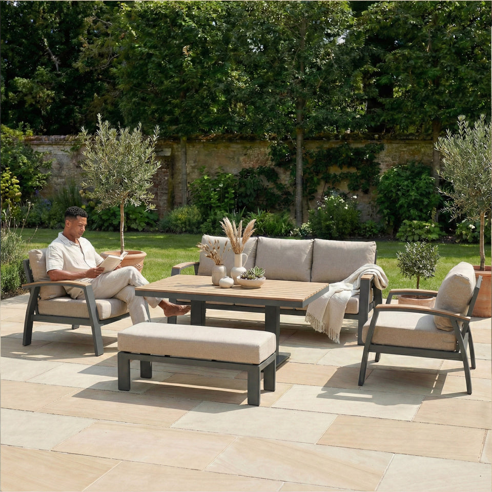 Leah 3 Seater Aluminium Wood Look Lounge Dining Set with 2 Armchairs and Bench - Adjustable Rising Table in Graphite Grey