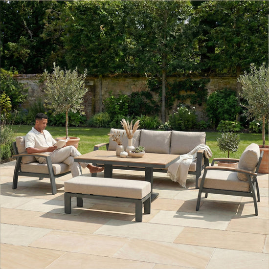 Leah 3 Seater Aluminium Wood Look Lounge Dining Set with 2 Armchairs and Bench - Adjustable Rising Table in Graphite Grey
