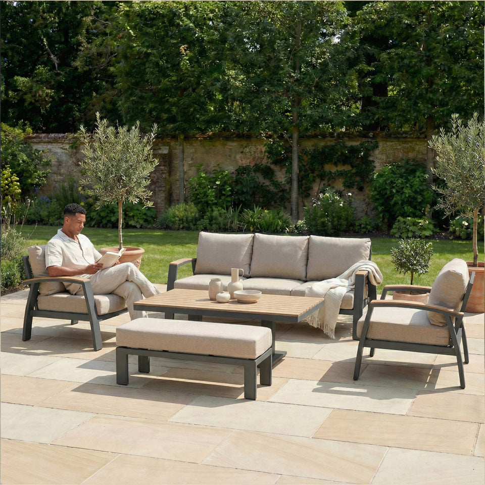 Leah 3 Seater Aluminium Wood Look Lounge Dining Set with 2 Armchairs and Bench - Adjustable Rising Table in Graphite Grey
