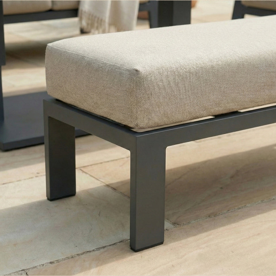 Leah 3 Seater Aluminium Wood Look Lounge Dining Set with 2 Armchairs and Bench - Adjustable Rising Table in Graphite Grey