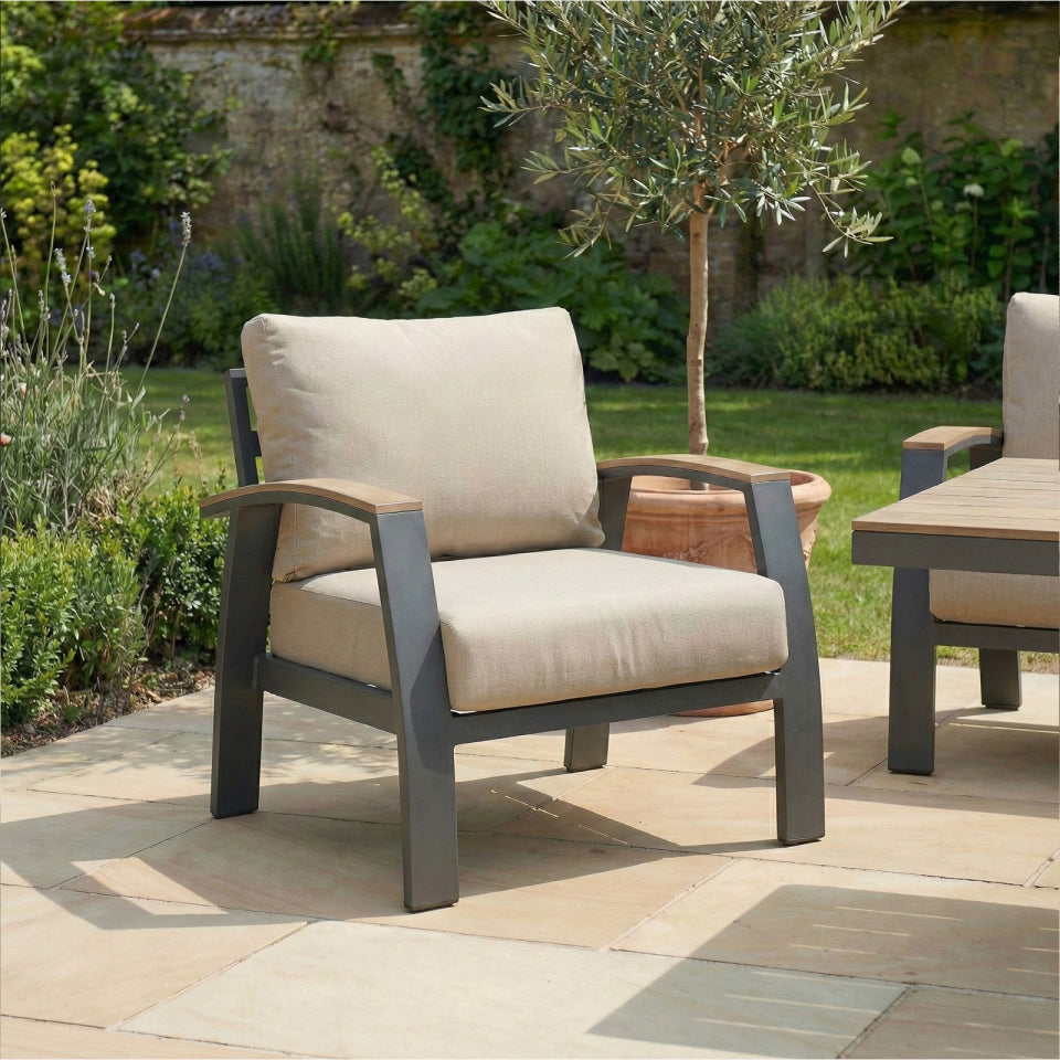 Leah 3 Seater Aluminium Wood Look Lounge Dining Set with 2 Armchairs and Bench - Adjustable Rising Table in Graphite Grey