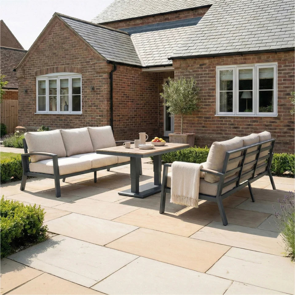 Leah 3 Seater Sofa Suite Aluminium Wood Look Lounge Dining Set - Adjustable Rising Table in Graphite Grey