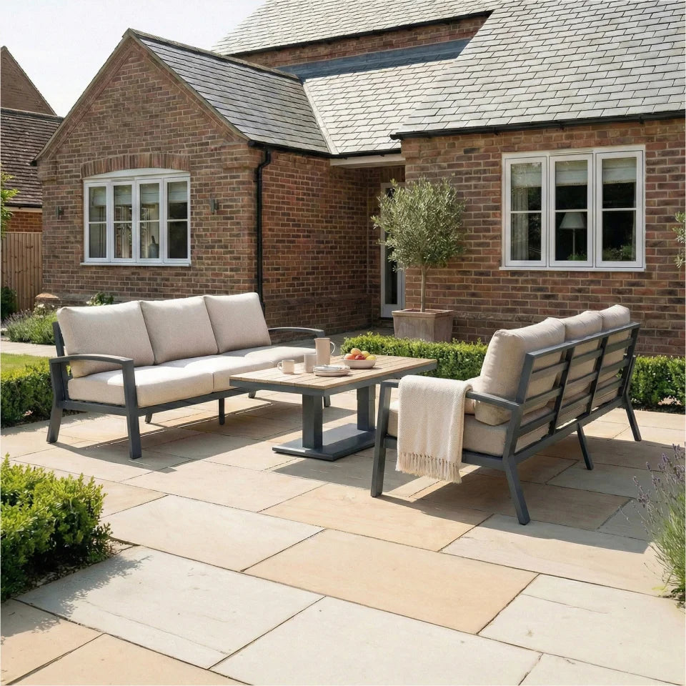 Leah 3 Seater Sofa Suite Aluminium Wood Look Lounge Dining Set - Adjustable Rising Table in Graphite Grey