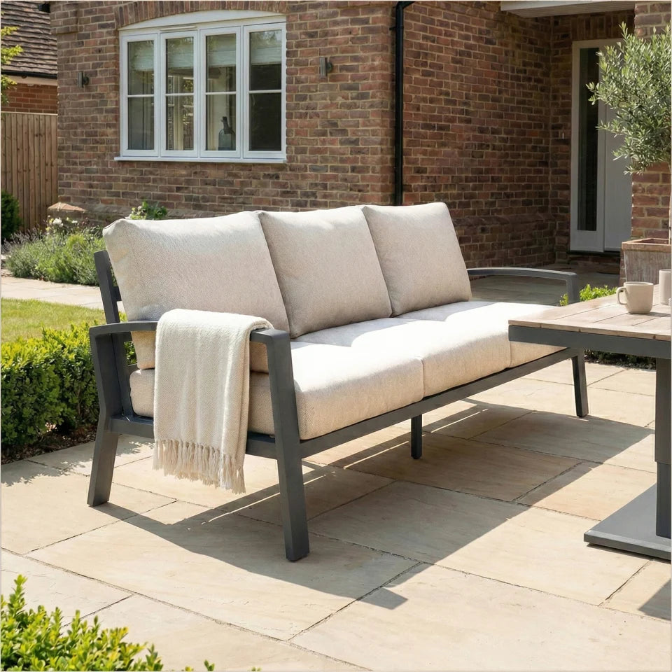 Leah 3 Seater Sofa Suite Aluminium Wood Look Lounge Dining Set - Adjustable Rising Table in Graphite Grey