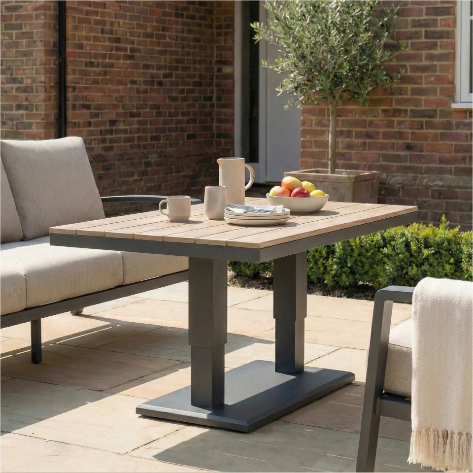 Leah 3 Seater Sofa Suite Aluminium Wood Look Lounge Dining Set - Adjustable Rising Table in Graphite Grey