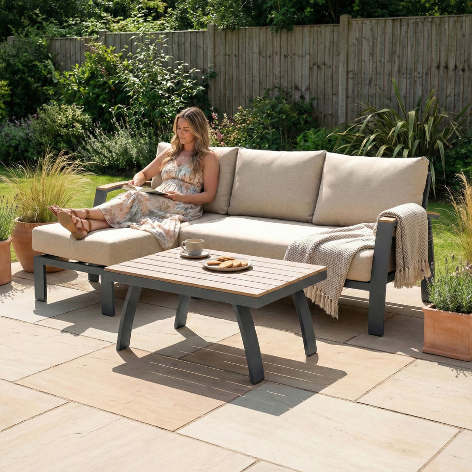 Leah Aluminium Wood Look 3 Seater Chaise Sofa Lounging Set in Graphite Grey