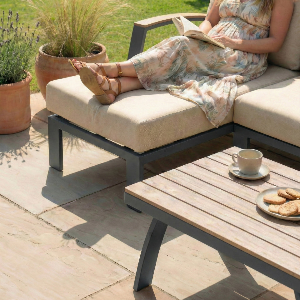 Leah Aluminium Wood Look 3 Seater Chaise Sofa Lounging Set in Graphite Grey
